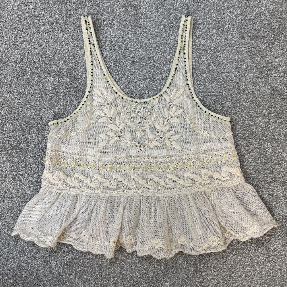 Free People Tank Top Women XS White Lace Embroidered Beaded Peplum Boho Coquette